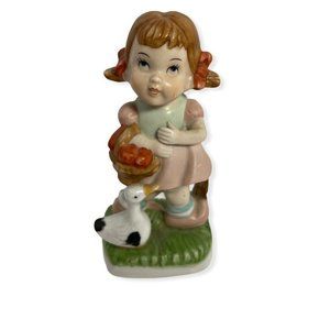 Vintage Girl With Basket & Goose Figurine  Keramik sample# 19185 Korea Kitschy